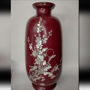 Vintage wooden vase with enamel overlay and a floral mother of pearl design embe